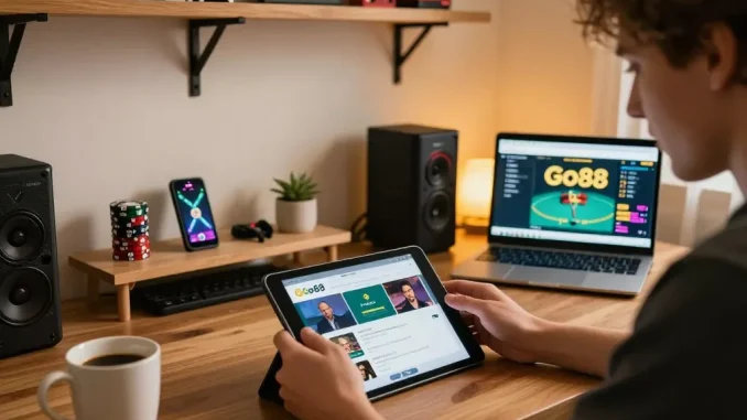Engaging with the Go88 gaming app at home showcases exciting online gambling action.