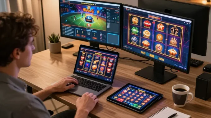 Engaging in online casino gameplay on trang chủ go8 with multiple screens and strategy notes.