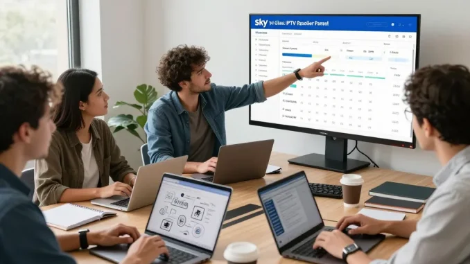 Collaborators exploring the Sky Glass IPTV Reseller Panel in a bright modern workspace, discussing strategies for IPTV subscriptions.