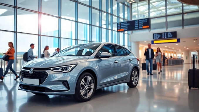 Traveling with a modern car at Gatwick airport terminal, showcasing convenience and style.