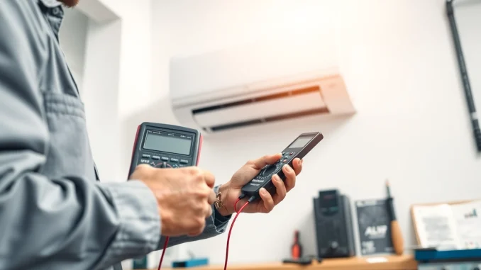 Installing a mini split ac unit with a technician performing electrical tests.