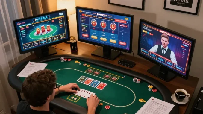 Player strategizing poker gameplay with BL555 on multiple screens in cozy home setup.