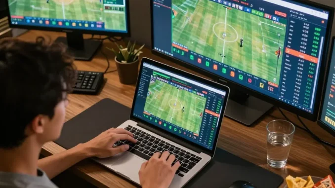 Person engaged in strategic sports betting using laptop, focusing on kèo nhà cái for informed decisions.