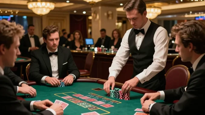 Players strategizing at a blackjack table in a casino, showcasing 7m stakes with intense focus.