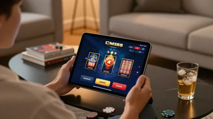 Player engaging with CM88 casino app on tablet in a cozy home setting.