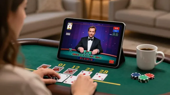 Kuwin player engaging in live dealer blackjack on a tablet in a cozy home setting.