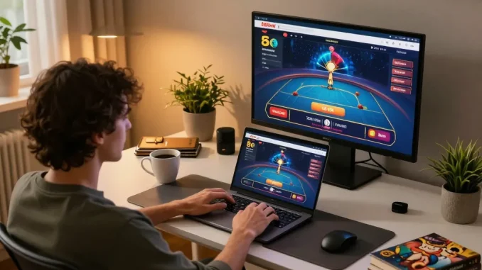Player engaging with the 888vnd online casino platform at home, showcasing a modern gaming setup.