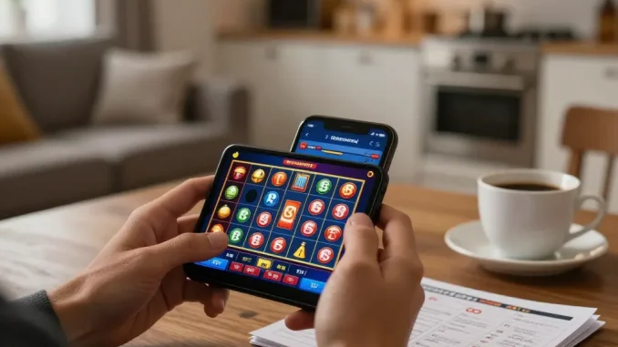 Engaging player using 77bet mobile app for online gaming, showcasing vibrant slot symbols and relaxed atmosphere.