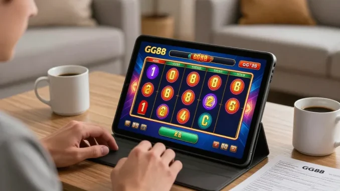 Player enjoying online gaming on GG88 with vibrant slot graphics in a cozy living room