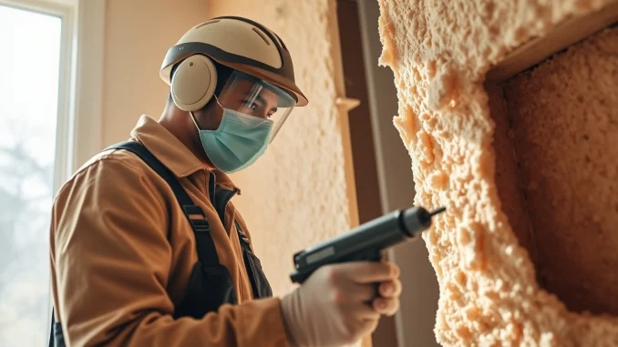 Action scene of spray foam removal specialists efficiently clearing foam insulation.