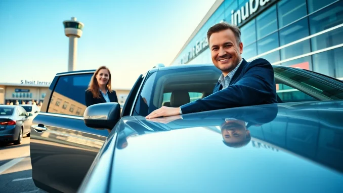 Arriving passengers enjoying airport transfers in front of a modern terminal with smooth service.