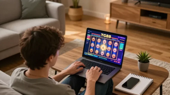 Gaming on TG88 platform with vibrant slots, cozy home setup and strategic elements.