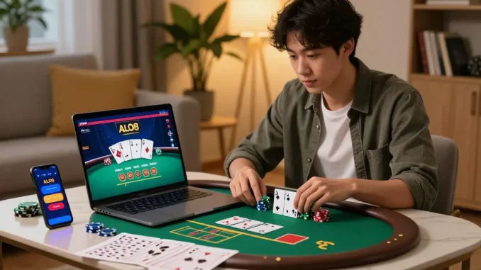 Player enjoying poker on ALO8 app at home with strategy notes and laptop setup.