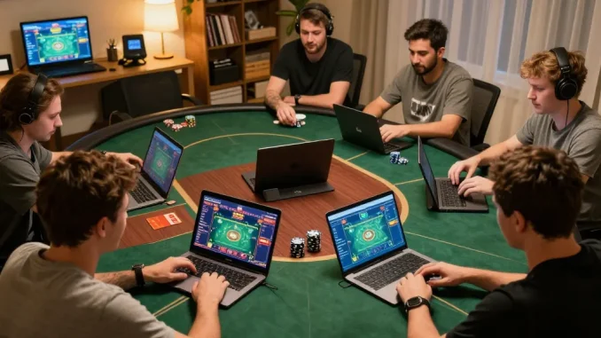 Players engaging in game bài at home with laptops and tablets, showcasing strategic moves in online gaming.