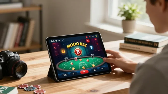 Registering at SC88 for an exciting online casino experience, engaging with poker on a tablet in a cozy home environment.