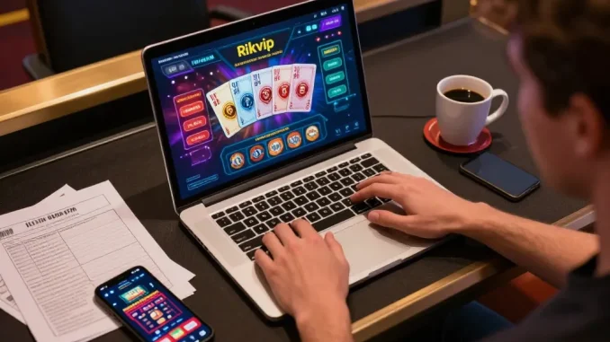 Enjoying a thrilling gaming session on rikvip with a vibrant online casino interface displayed on a laptop.