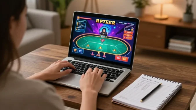 Player enjoying an online poker game on 789win1 with strategic notes in cozy setting