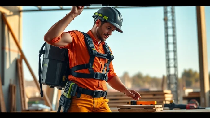 Festool exoskeleton enabling a construction worker to lift heavy materials effortlessly.