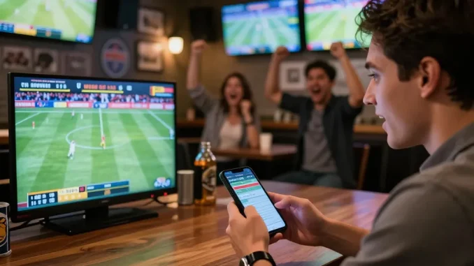 Spectators engaged in sports betting excitement, analyzing soi keo nha cai strategies on their smartphones