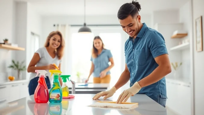 Offering cleaning services near me with a professional team in action, showcasing a spotless kitchen.