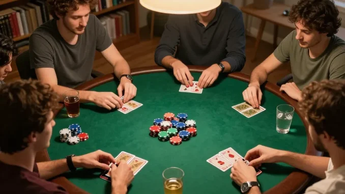 Players strategizing at home poker night, engaging with Twin68 gaming for better odds.
