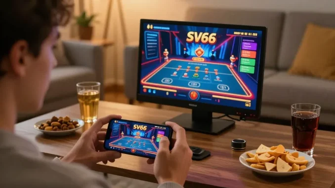 Engaging with the SV66 app during a home gaming session, showcasing a modern casino experience.