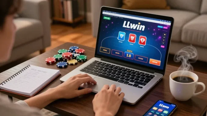 Player engaged in online gaming at home using LLwin app with casino interface.