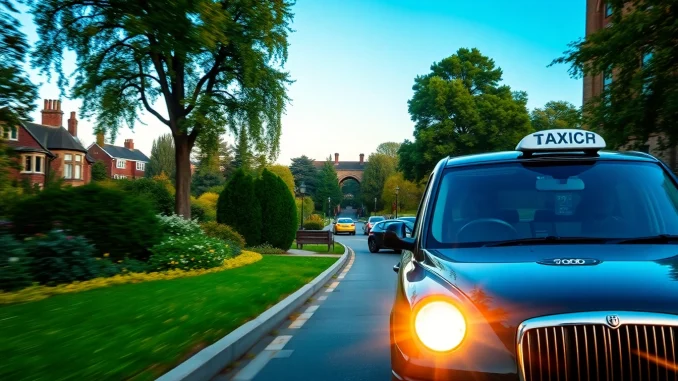 Capture the lively atmosphere of Brooklands with a modern taxi amidst vibrant streets and greenery.