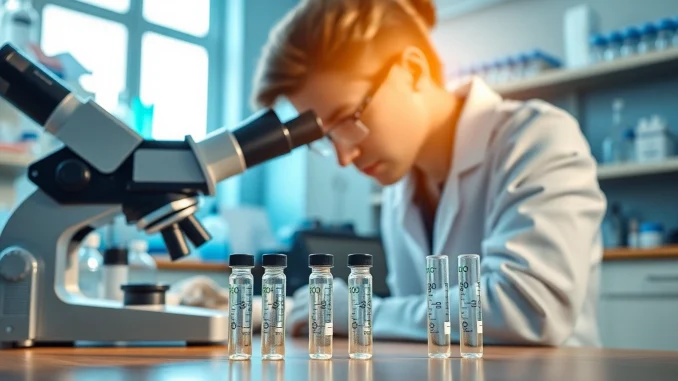 Explore Peptides UK solutions with a focused scientist examining peptide samples in a bright lab.