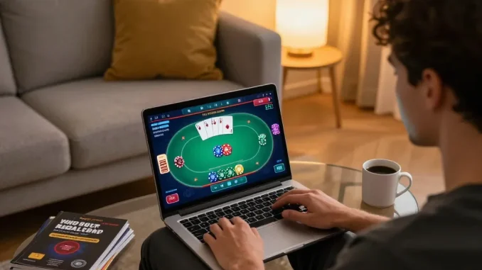 Player engaging in online poker at fly88 com from their cozy living room with strategic notes around.
