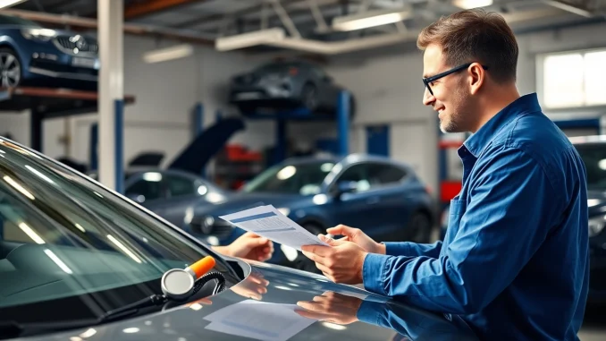Engaging discussion on a vehicle service contract in a modern auto garage.