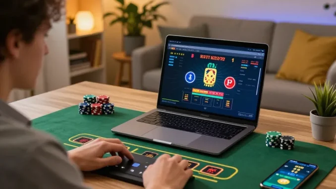 Player engaged in blackjack on laptop at home, showcasing dacsandatphanrang strategy with focused gameplay