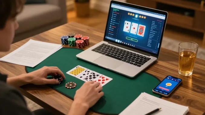 Player strategizing at home while enjoying TR88 online poker game on laptop, creating a cozy gambling atmosphere