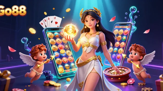 Win big with Go88 in this vibrant 3D illustration depicting a goddess and cherubs amidst dazzling casino elements.