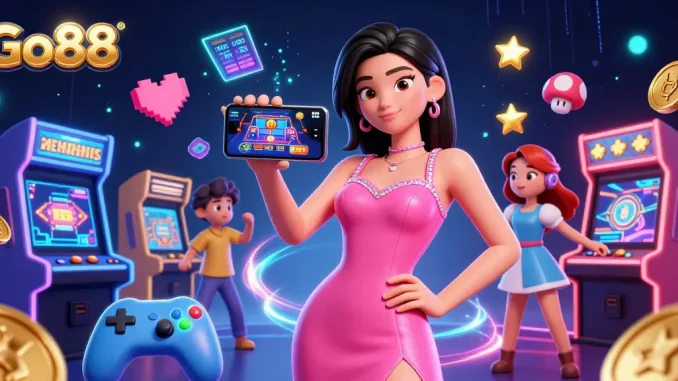 Go88 live dealer game showcased by an Asian woman in a stunning pink cocktail dress, with vibrant casino elements.