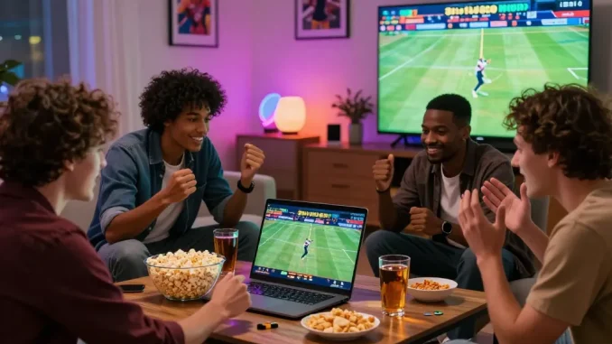 Friends excitedly engaging in online betting on the 399W platform in a cozy living room.
