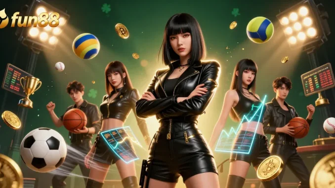 Win big with fun88 in an immersive casino scene featuring dynamic sports elements and gold coins.