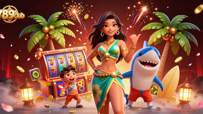 Experience online gaming excitement with 789club's vibrant casino illustration featuring stunning characters.