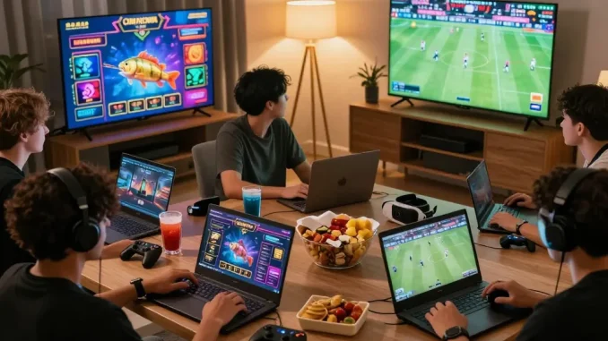 Friends enjoying hit club gaming with vibrant genres and friendly competition in a cozy setting.
