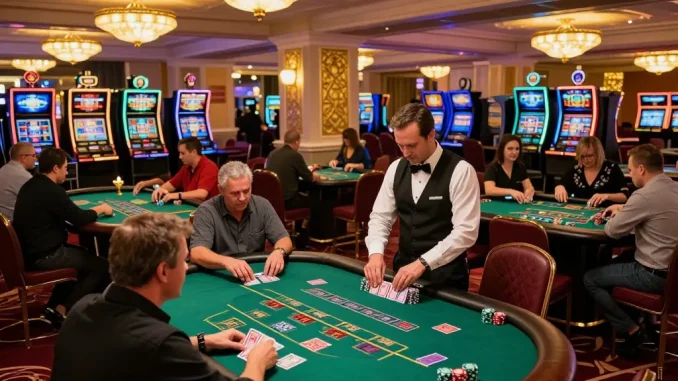 Players strategizing at SC88 blackjack tables in a bustling upscale casino, dynamically engaged in gameplay.