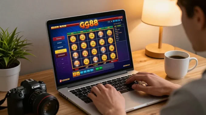 Player enjoying gg88 slot game on laptop, warm home atmosphere showing strategic online gaming.
