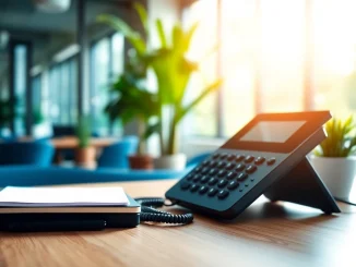 Showcasing a small business phone service setup with a modern desk phone in a professional environment.