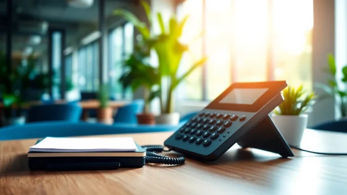 Showcasing a small business phone service setup with a modern desk phone in a professional environment.