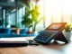 Showcasing a small business phone service setup with a modern desk phone in a professional environment.