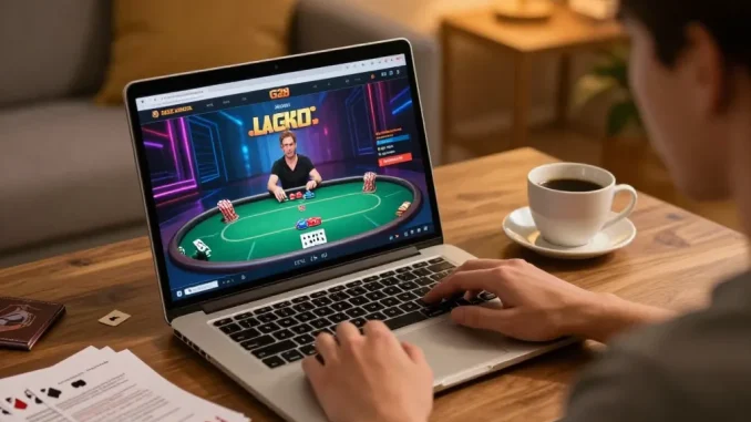 Player enjoying G28 online poker with strategy notes at cozy home setup