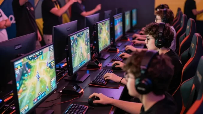 Dynamic gaming arena with players betting on 399W, vibrant screens showcasing live odds, and an energetic crowd.