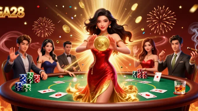 Win big at GA28 with a stunning illustration of a woman celebrating her poker triumph amid falling coins.