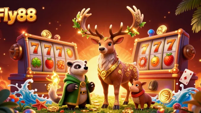 Spin the reels at Fly88's vibrant casino, featuring Celtic characters surrounded by dazzling gold and cards.