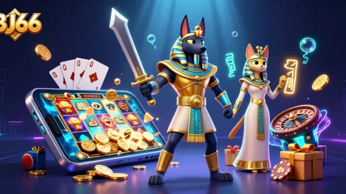 Experience immersive gaming at BJ66 with a dynamic scene showcasing ancient characters in a vibrant casino environment.