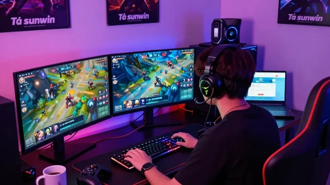 Engaging gaming setup showcasing tải sunwin on multiple screens in a vibrant space.
